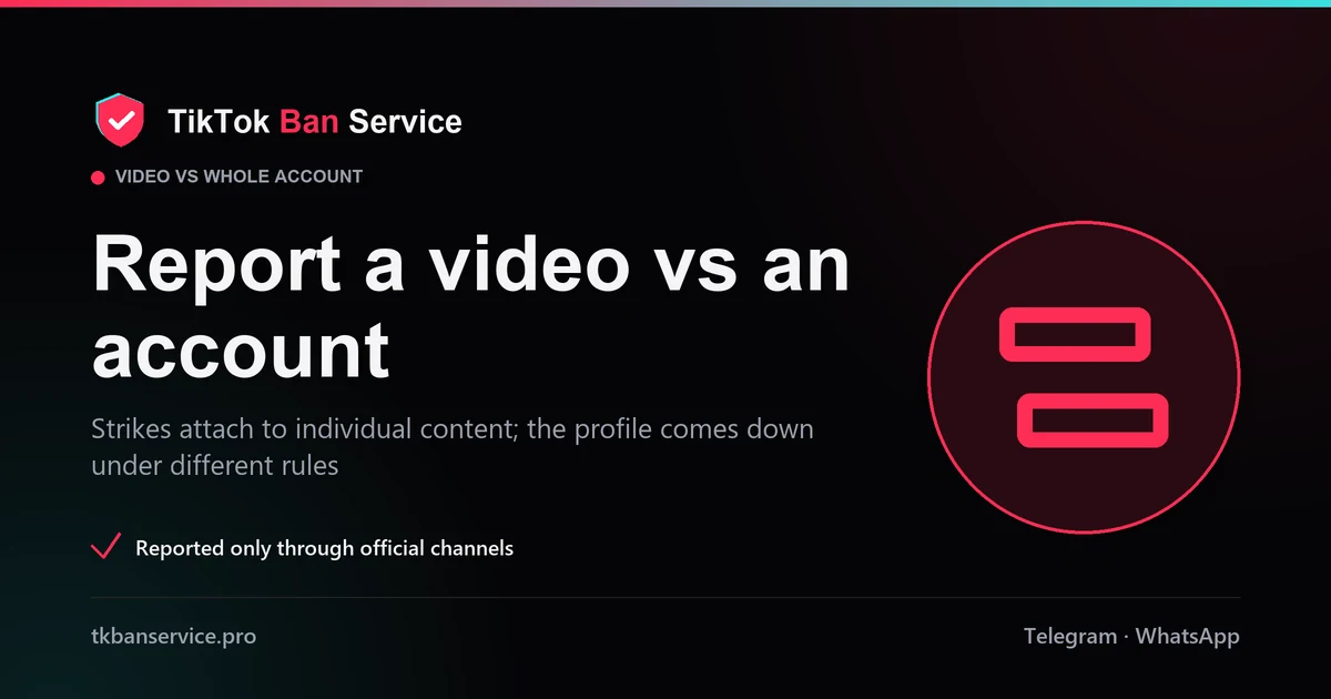 Report a TikTok video versus a whole account: strikes hit one clip, the profile comes down under different rules