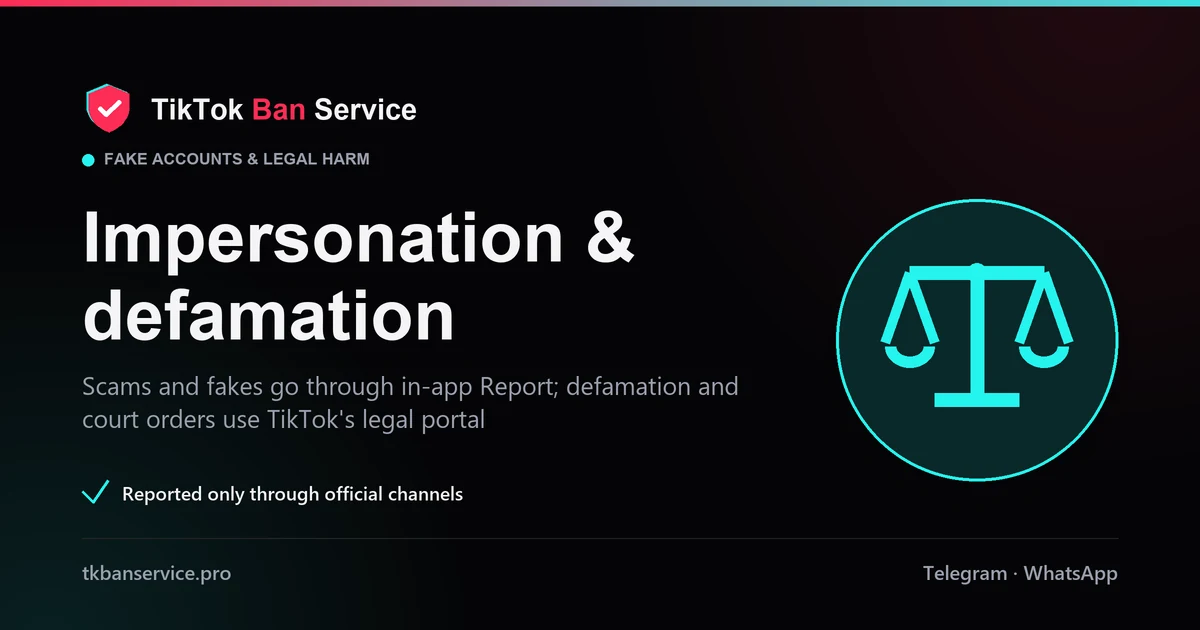 Report TikTok impersonation, defamation and doxxing: in-app routes for fakes, the legal portal for defamation