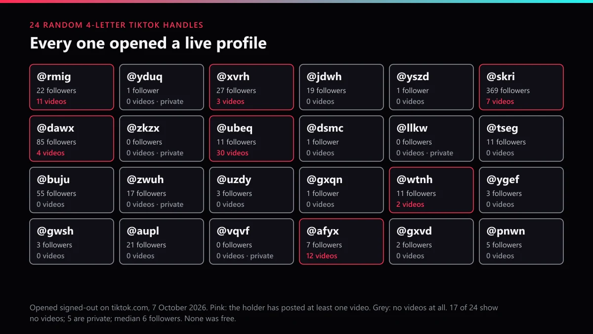 4-letter TikTok handle probe: 24 random handles opened on tiktok.com, all held, most showing no videos