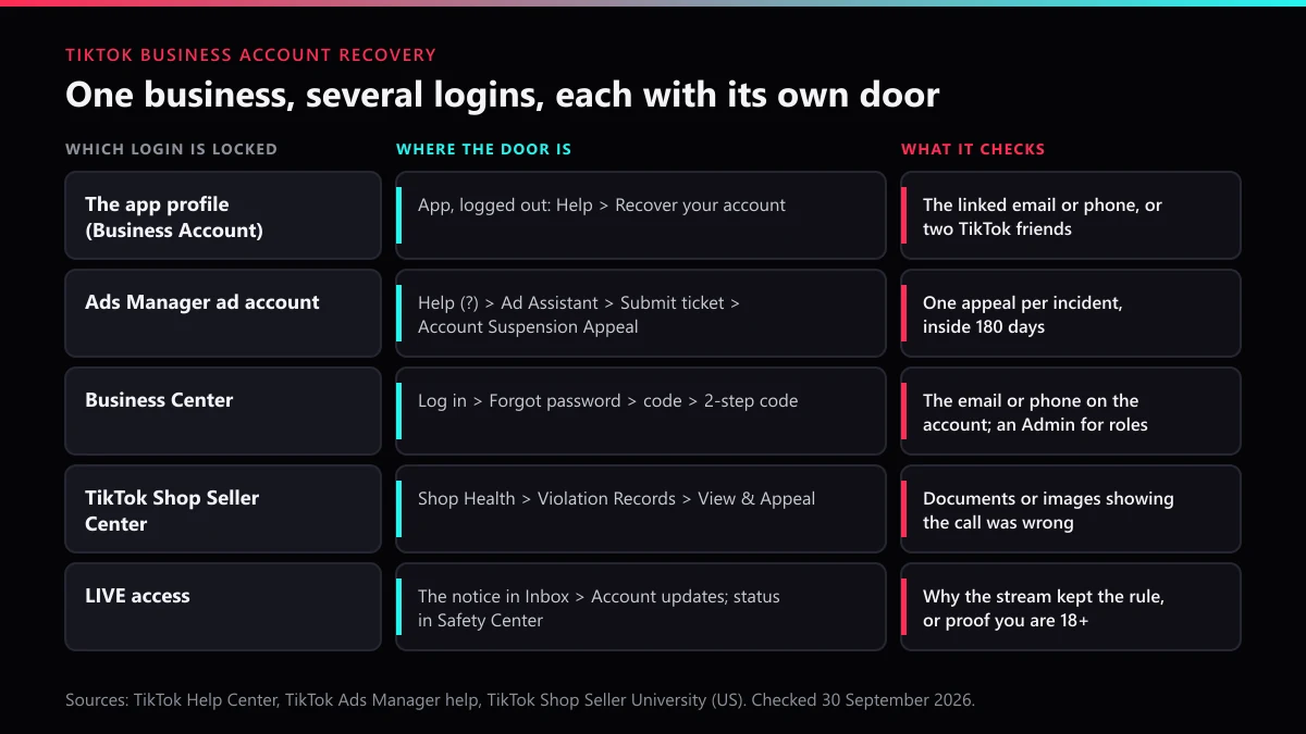 TikTok business account recovery map: app profile, Ads Manager, Business Center, Seller Center and LIVE doors