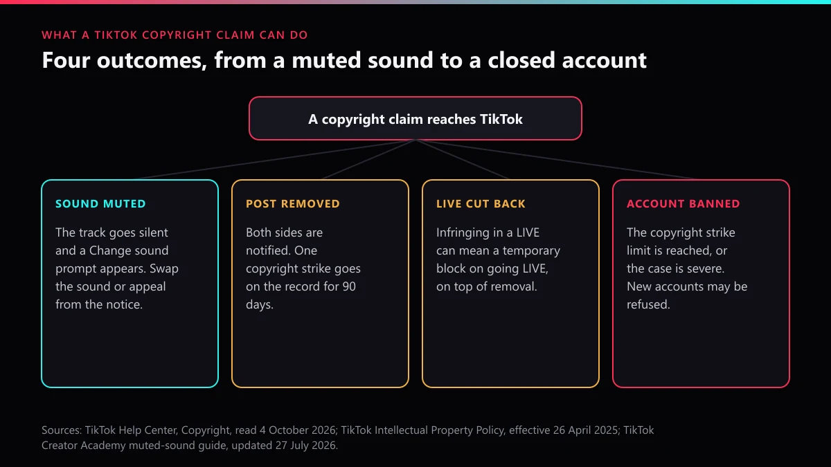 TikTok copyright claim outcomes: sound muted, post removed with a strike, LIVE restricted, or the account banned
