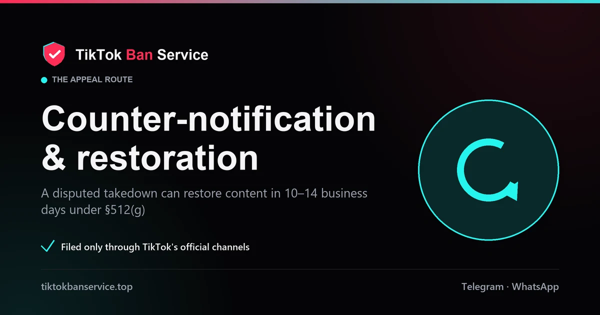 DMCA counter-notification on TikTok: a disputed takedown can restore content in 10 to 14 business days under section 512(g)
