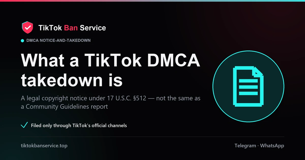 What a TikTok DMCA takedown is: a legal copyright notice under 17 U.S.C. section 512, not a Community Guidelines report