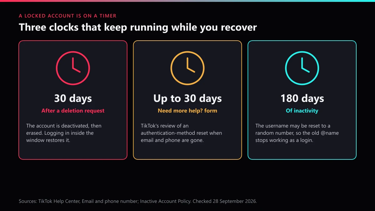 Locked TikTok account clocks: 30-day deletion window, 30-day form review, 180-day inactivity
