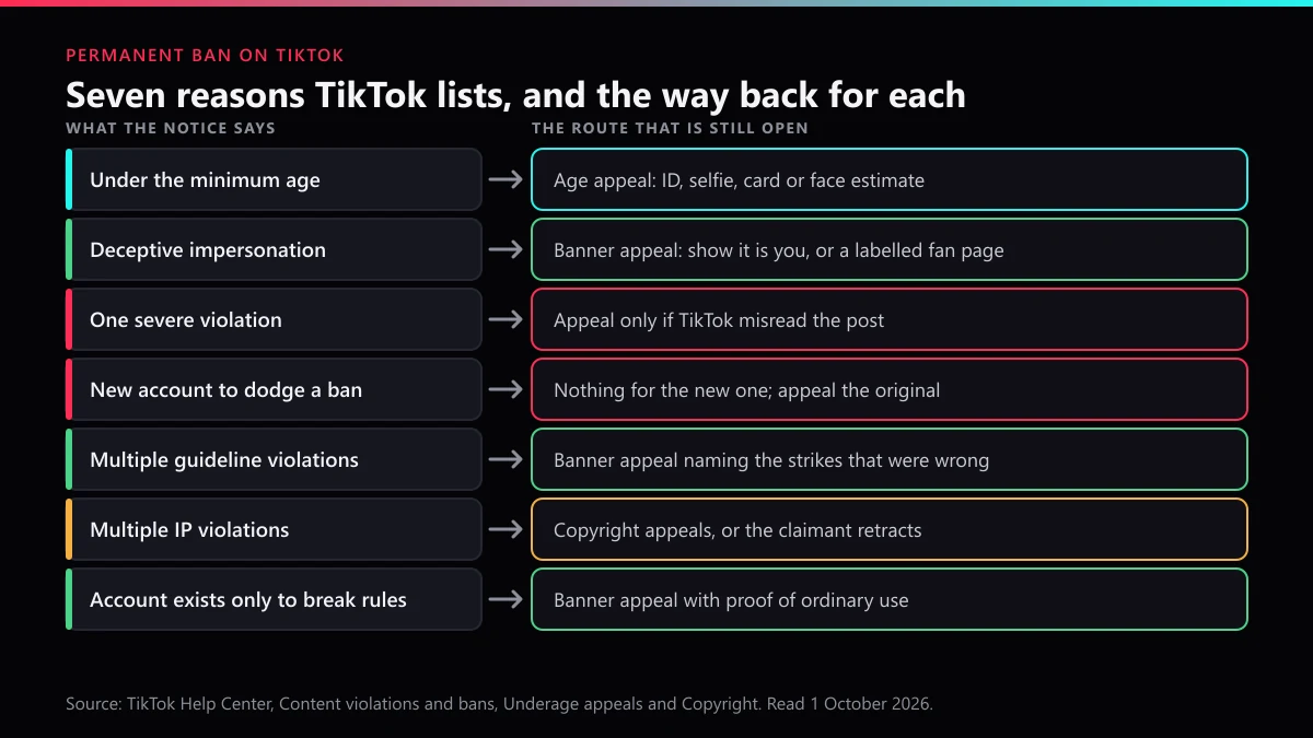 TikTok permanently banned account: seven ban reasons from TikTok's Help Center mapped to the recovery route open for each