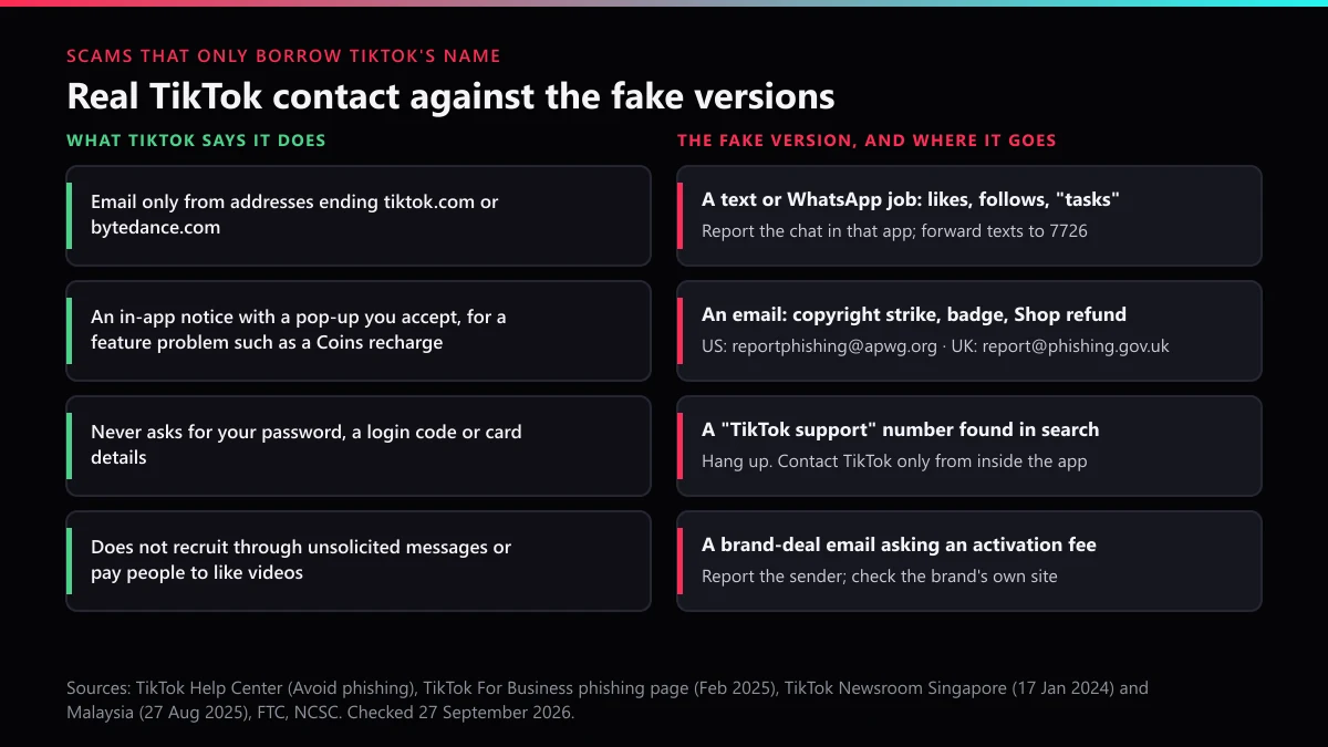 Report TikTok scam emails and texts: real TikTok contact against fake jobs, phishing emails and support numbers