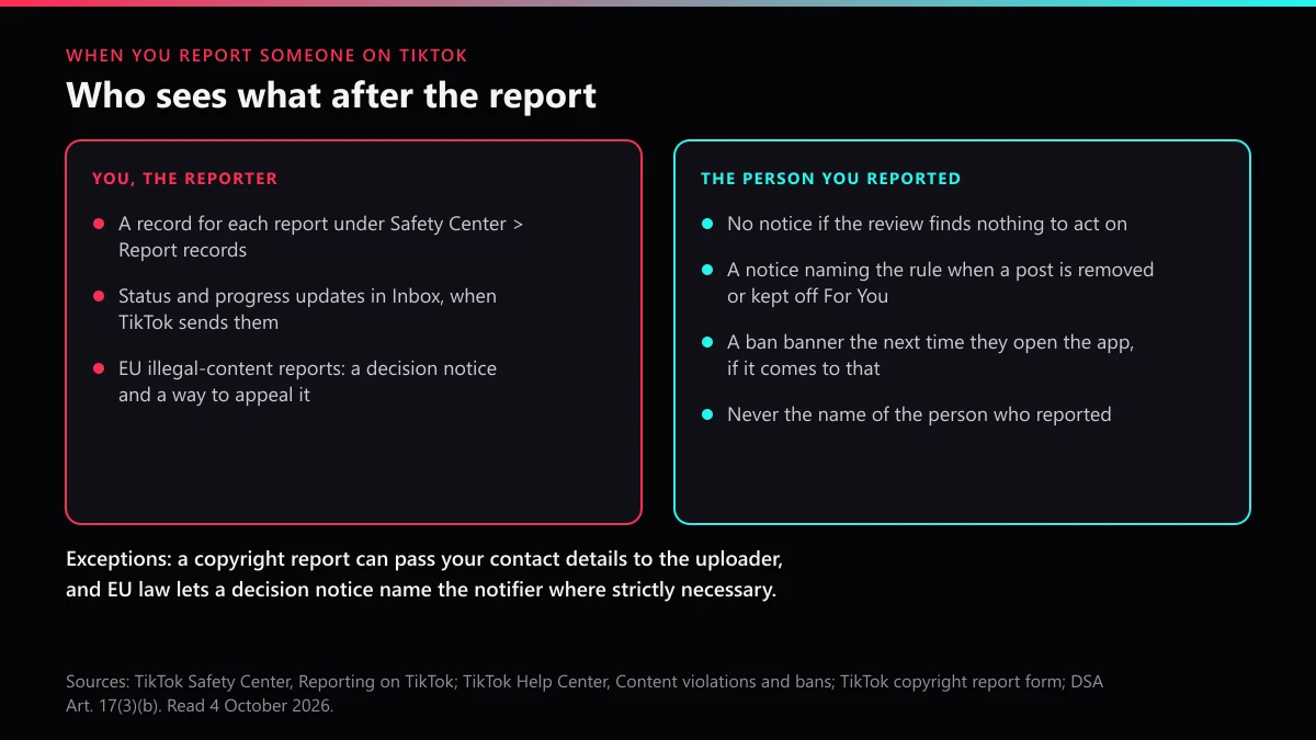When you report someone on TikTok: what the reporter sees versus what the reported person sees
