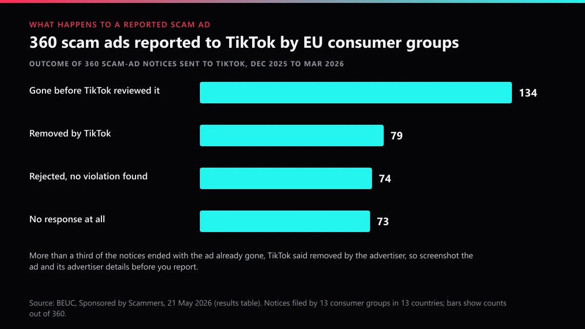TikTok scam reporting results for 360 scam ads: 79 removed, 74 rejected, 73 ignored, 134 gone before review