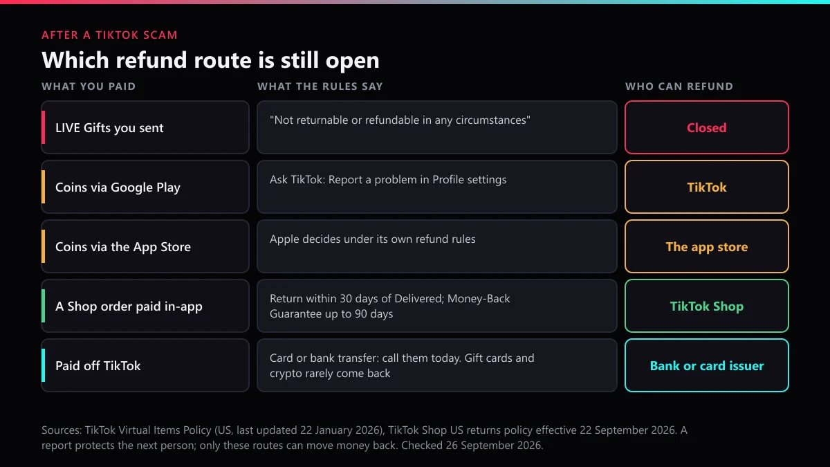 TikTok scam refunds: LIVE Gifts closed, Coins via Google Play or App Store, Shop orders and off-platform payments
