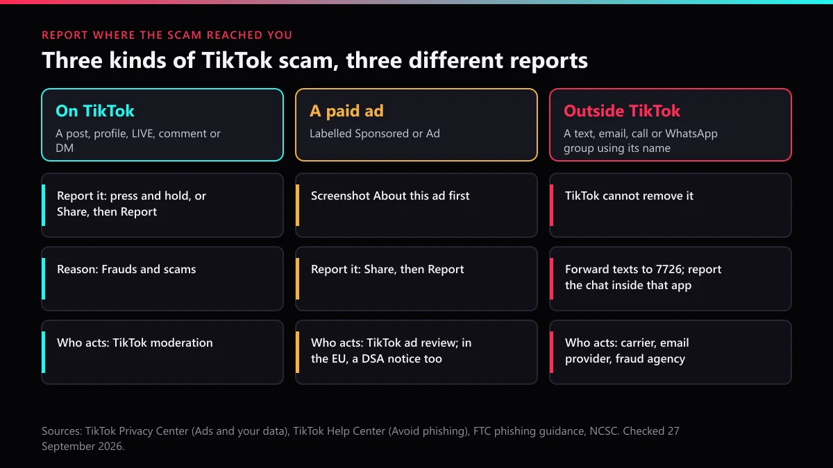How to report a scam on TikTok: posts and DMs, sponsored ads, and texts or emails that only use TikTok's name