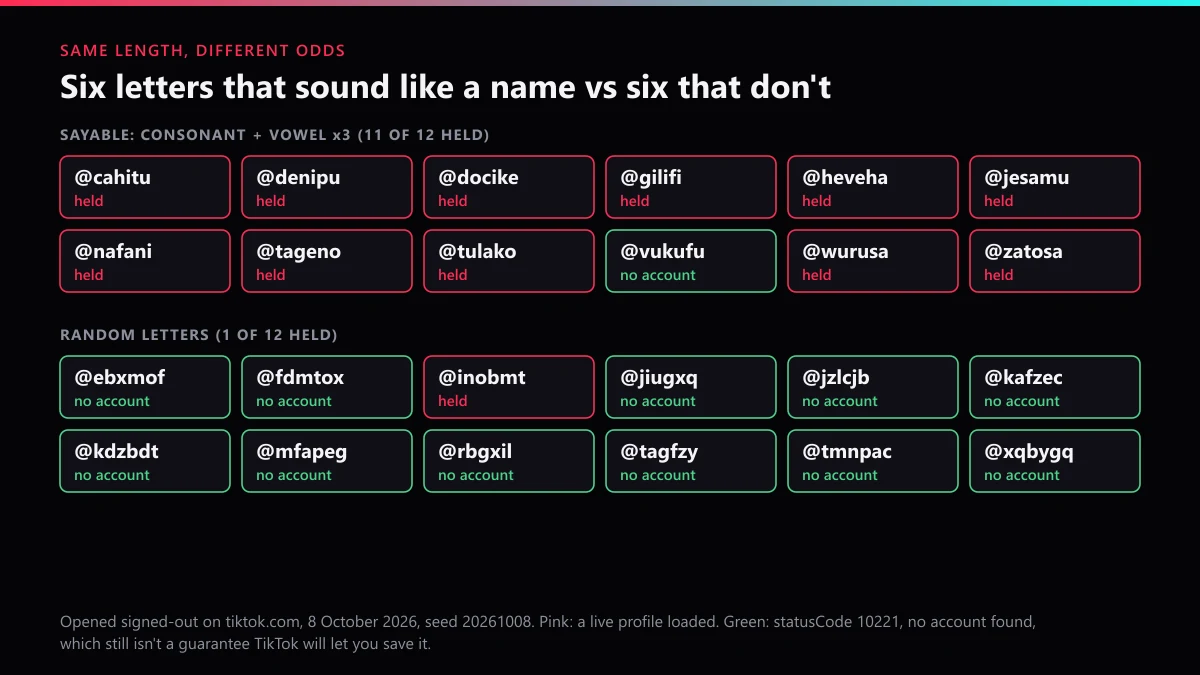 Unused TikTok usernames: 12 sayable six-letter names, 11 held, beside 12 random six-letter strings, 1 held