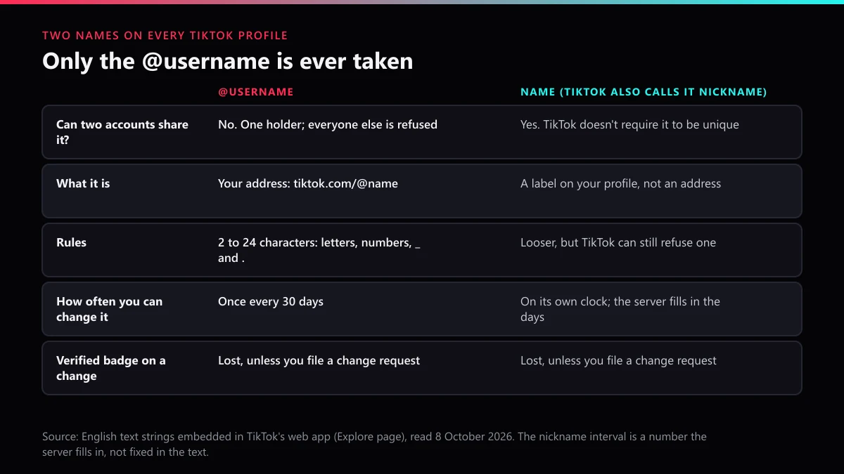 TikTok username vs Name: the @username has one holder, the Name above it can be copied by any account