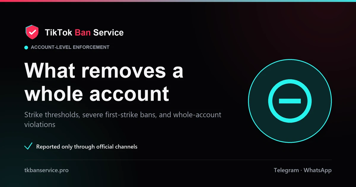 What removes a whole TikTok account: accumulated strikes, a zero-tolerance breach, or verified impersonation, not one report